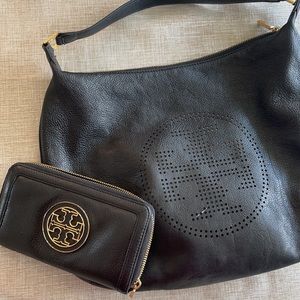 Tory Burch hobo black leather bag and wallet